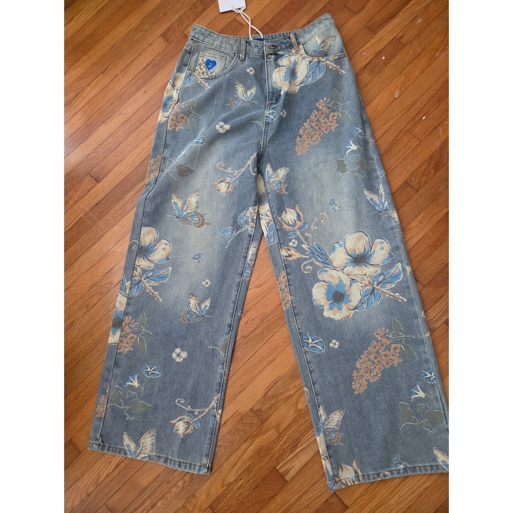 Aelfric Eden Floral Butterfly Print Wide Leg Jeans Blue Denim Streetwear Size 30